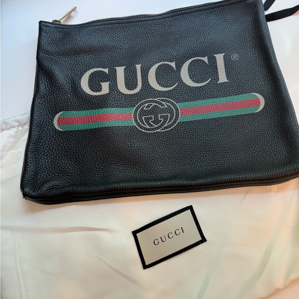 Gucci Pebbled Calfskin Medium Logo Portfolio Clutch